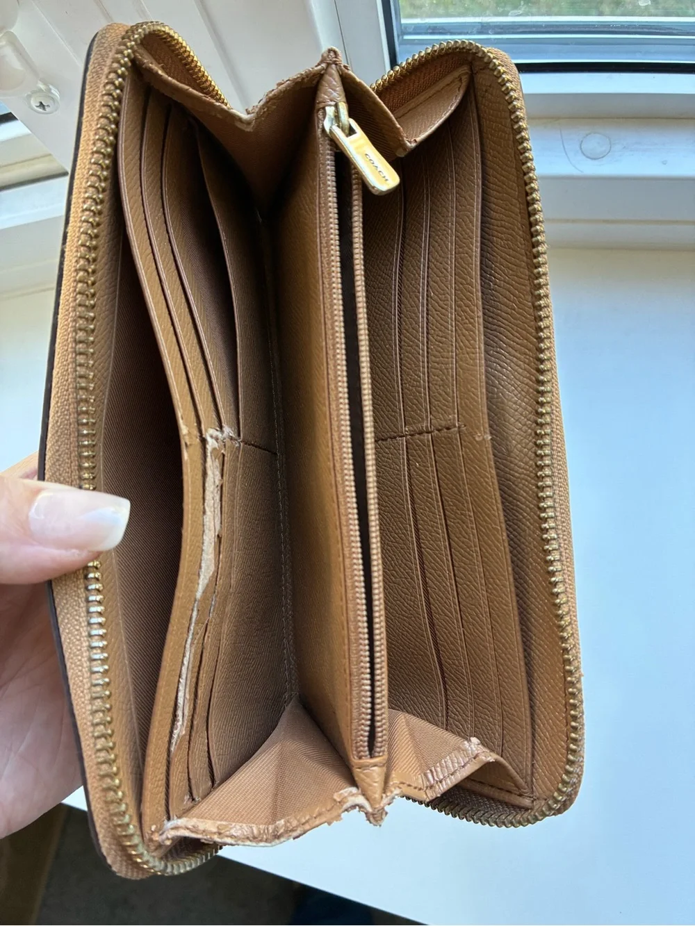 Coach Brown Pebbled Leather Zip Wallet with Gold Logo